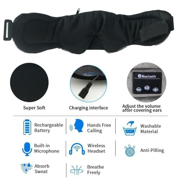 Sovehodetelefoner, Sovemaske med hodetelefoner Bluetooth 5.0 Svart, Grå Grey