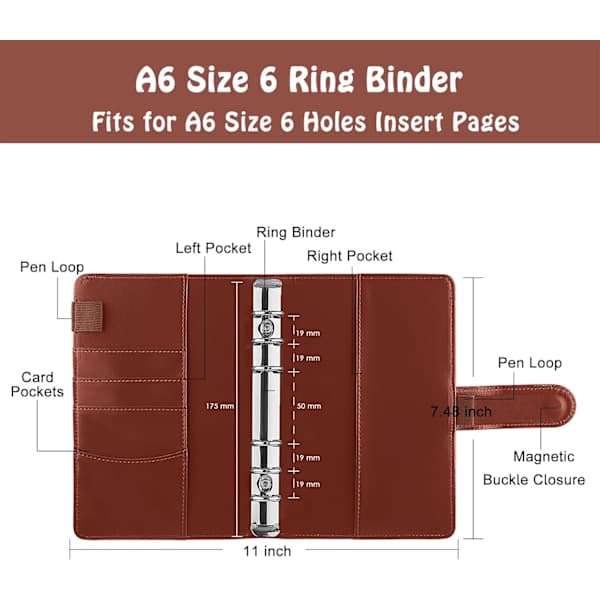 A6 Ringbind Genopfyldelig Notesbog Budgetplanlægger til A6 Indlægspapir, PU Læder Løsblad Personlig Planlægger Pung Organizer Ringbind med Magnet