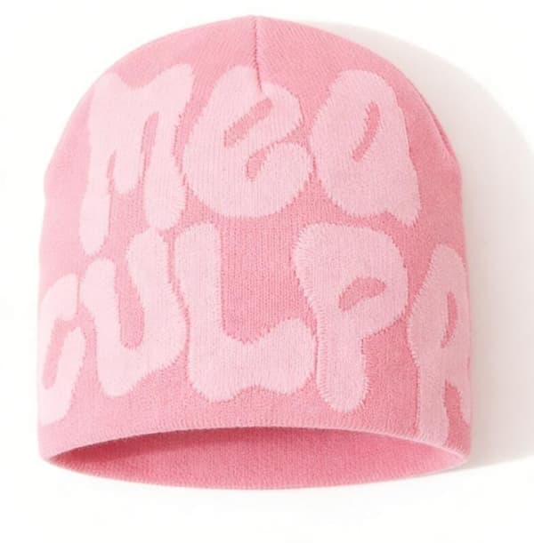 Y2K MEA Culpa Grunge Stickad Mössa, Vintervarm Mössa, Hip Hop Bokstav Jacquard Mössa, Rosa