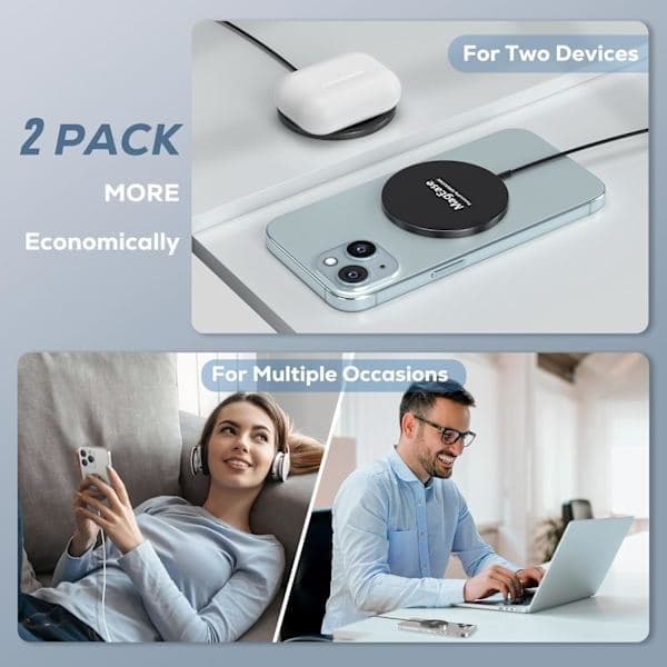 2-pak trådløs oplader til iPhone 15W, kompatibel med MagSafe til iPhone 16/15/14/13/12-serien, Airpods 3/2/ Pro 2