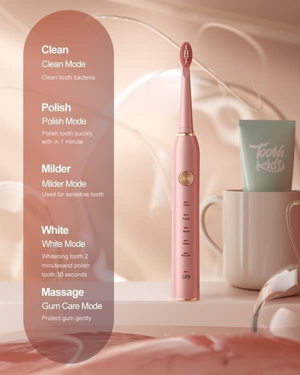 Sonisk elektrisk tannbørste for voksne, 8 børstehoder, IPX7 vanntett, 38000VPM Sonicare, 5 moduser, hurtiglading, rosa Pink