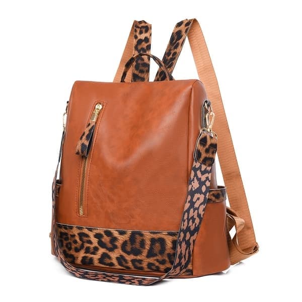 Stor avslappet ryggsekk, retro leopardmønstret reiseveske, brun ryggsekk