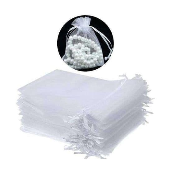 100 Organza poser, 9 x 7 cm, hvid, med snøre, til smykkeemballage