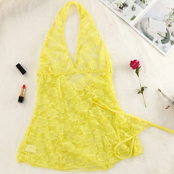 Sexig spetsunderklänning för kvinnor underkläder nattkläder gul 3XL Yellow 3XL