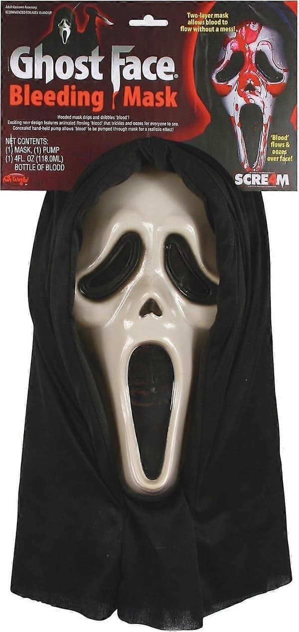 Blødende Scream Maske med Kunstigt Blod og Sort Hætte, One Size til Voksne, Licenseret Maske