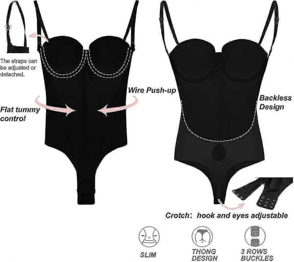 Rygløs Shapewear til Kvinder, Push-up BH, G-streng Bodysuit med Lav Ryg, Størrelse M, Sort M Black