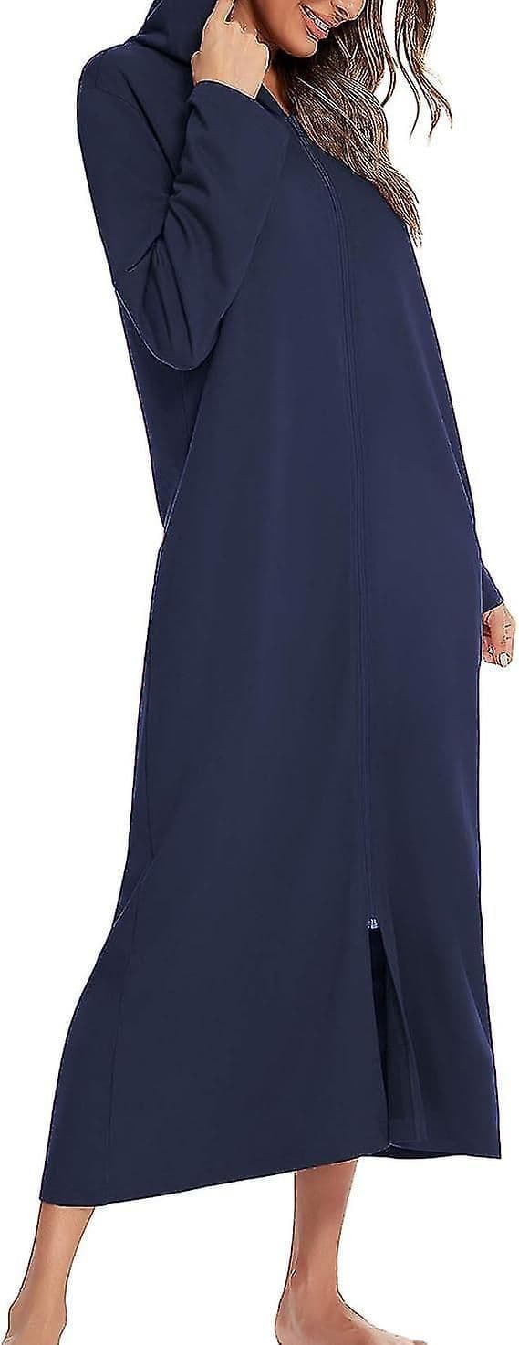 Lang badekåpe for kvinner med hette, glidelås, full lengde, ensfarget marineblå S Navy blue S