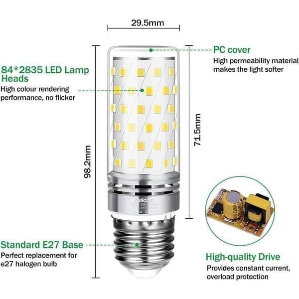 E27 LED-lampe, NETBOAT, 12W, Kjølig Hvit 6000K, 1450LM, Sett med 4