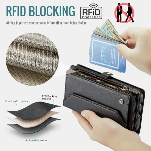 Samsung Galaxy S26+ / S26 Plus 5G Cover med kortpladser, lynlåspung RFID-beskyttelse - CaseMe C36 Læder Sort Black