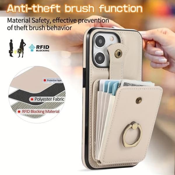iPhone 17 Pro etui med lang skulderrem og kortholder, PU-læder i forretningsstil med ringstativ, beige