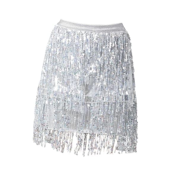 Pailletkvastnederdel Pailletfrynset nederdel Mode Boho til musikfestivalscene-lingling, sølv, størrelse XL Argent XL
