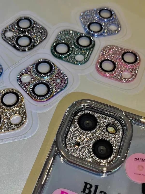 Lyxigt linsskydd för kamera kompatibelt med iPhone 14 13 12 15 Pro Max Mini 14 Plus, metall med glitterdiamanter, silver, 14 Plus silver 14  14plus