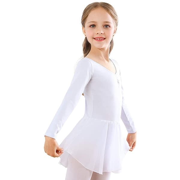 Balletkjole til piger med lange ærmer og tylskørt, hvid, størrelse 110 cm White 110 cm