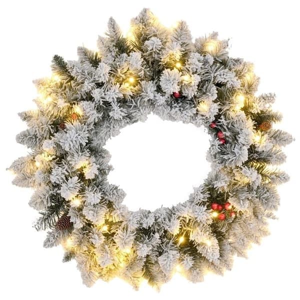 Kunstig julekrans til dør, 50 cm, med kongler og bærklaser, LED-lys og timer, grønn