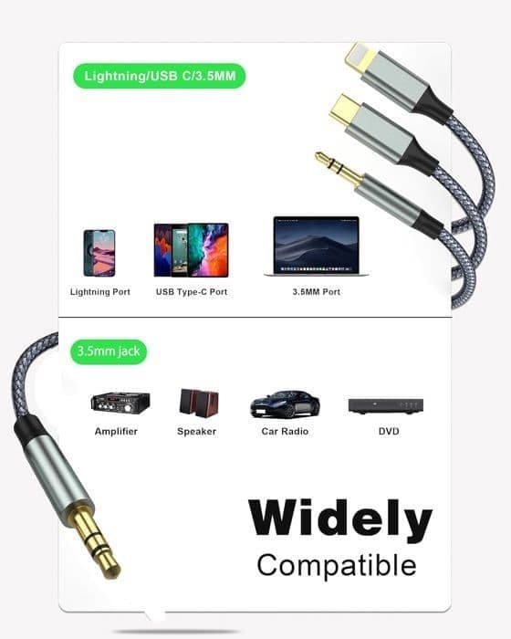 1M USB C til ekstra billydkabel, 3,5 mm nylonkabel, jackkabel (3-i-1-kabel) for hodetelefoner, smarttelefon