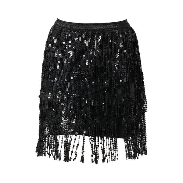 Pailletkvastnederdel Pailletfrynser Nederdel Mode Boho til Musikfestival Scene-lingling, Sort, Størrelse M Black M
