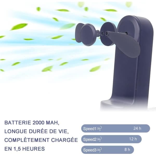 Mini bärbar hopfällbar fläkt, driven av ett 2000 mAh batteri, med USB-powerbankfunktion, blå