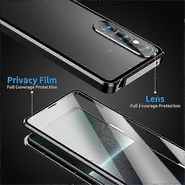 Xperia 1 V Magnetisk Deksel - Metallramme Herdet Glass Front, Klar PC Bakdeksel, Beskyttelse & Stil Black