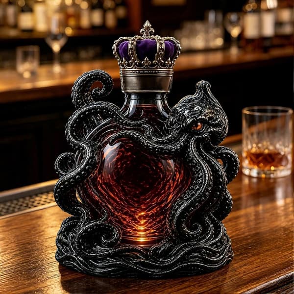 3D Bläckfisk Whiskeykaraff – 350 ml Nautisk Konst – för Sprit, Whiskey, Vin & Hemmabarsdisplay Black
