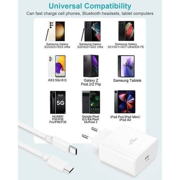 45W hurtig USB-C-oplader med 2 m opladerkabel til Samsung Galaxy S24, S23, S25 Ultra, S26, S22, S21, S20 FE, kabel USB-C Type-C 2 M, hvid Cable USB-C Type-C 2 m Blanc