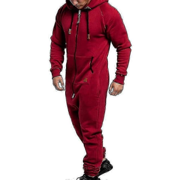 Herre Onesie Hettegenser Glidelås Jumpsuit Vinter Uformell Hette Romper Playsuit - WK Wine Red M