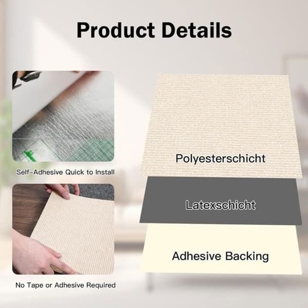 Selvklebende mattefliser, sett med 10, 30x30 cm (0,9 m2), beige, slitesterk for leilighet, kontor, bedrift