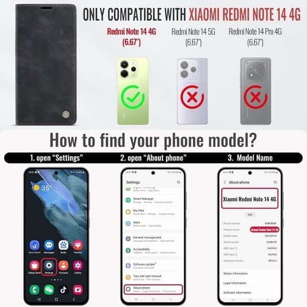 Etui til Xiaomi Redmi Note 14 4G, Premium Læder Flip Wallet Etui med Kortlommer og Magnetisk Lukning, Redmi Note 14, Sort Redmi Note 14 Noir