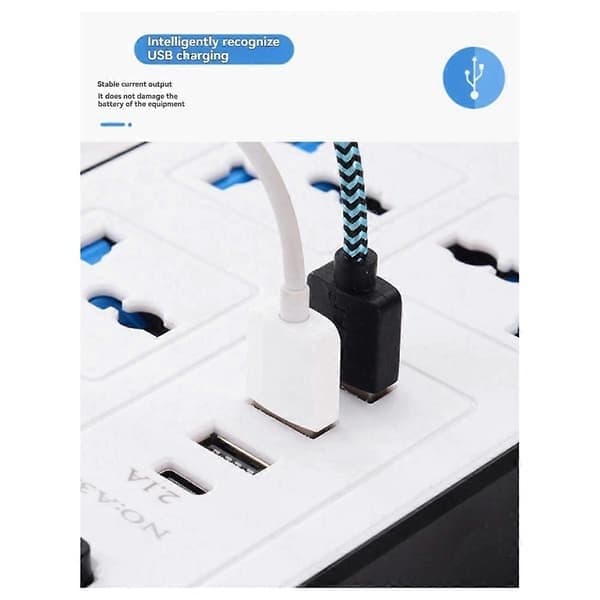 Universal strømskinne 1,8 M skjøteledning med USB-C- og USB-porter, strømuttak, svart
