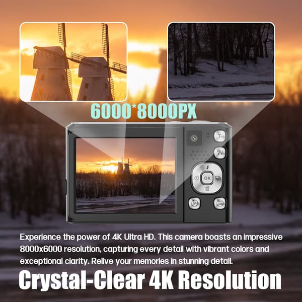 4K HD digitalkamera med front- og baglinse, stabilisering, sort Black