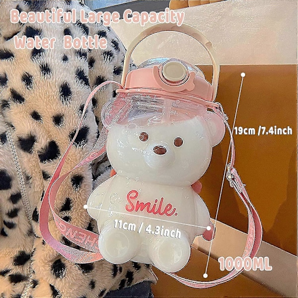 Björn Vattenflaska med Sugrör, Kawaii Läcksäker Vattenkanna med Justerbar Axelrem för Campingresor Pink 1400ml