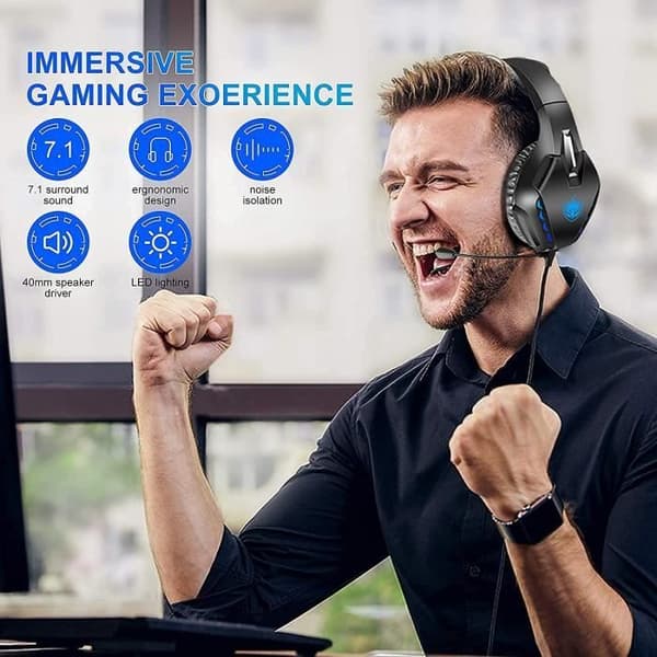PS4 Kablet Headset, Kablet Gaming Headset med Støyreduserende Mikrofon, LED Trådløst Bluetooth Headset (Blå)