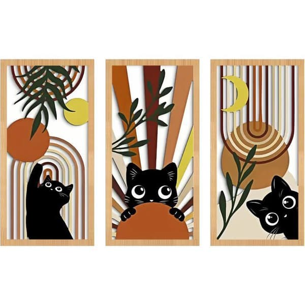 3-delt Boho-Chic Vægkunst Sæt med Katte, Vaser, Tropiske Blade, Sol- og Månemotiver