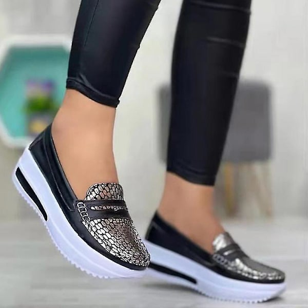 Dam stängda tå loafers casual alla säsonger skor låga kilar Black EU 36