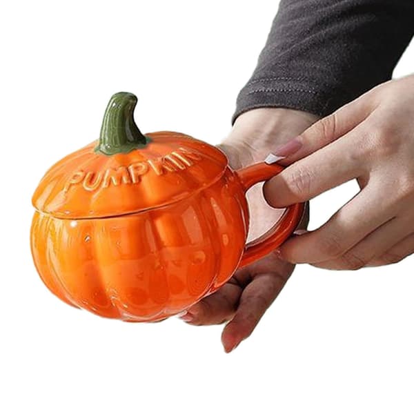 Keramisk pumpamugg, 300 ml kaffemjölkskopp med lock och sked, Halloween