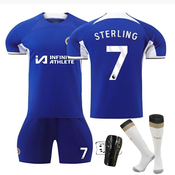 2324 Chelsea hjemmebanetrøje nr. 8 Enzo 7 Sterling 6 Silva kortærmet fodbolduniform - sæt - nr. 7 + sokker + benskinner S(165-170cm)