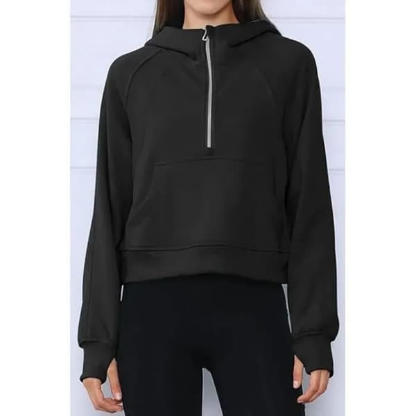 Fleece-hættetrøje med halv lynlås til kvinder, oversized og afslappet, sort, lange ærmer med tommelfingerhuller