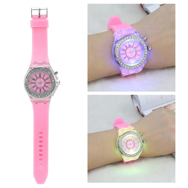 LED-baggrundsbelyst quartz-ur til piger med rund silikonerem (pink)