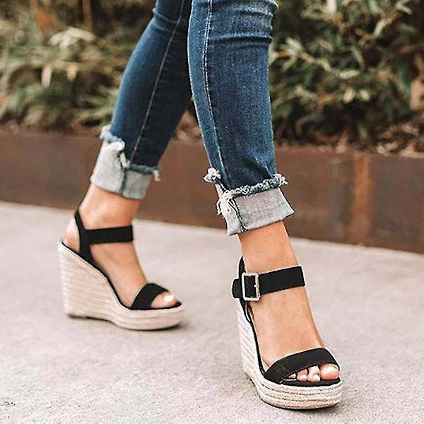 Kvinnor Justerbar Ankelrem Sandal Espadrille Nitar Plattform Hög Klack Skor Black EU 41
