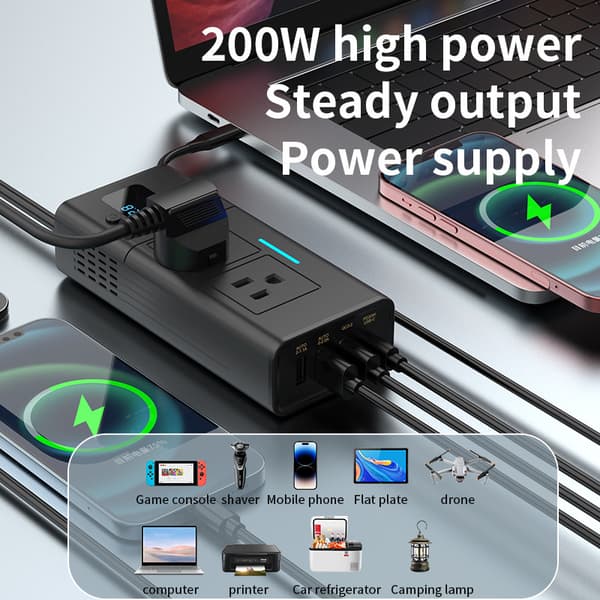 200W bilstrømomformer 12V til 110V med amerikansk plugg, PD, QC3.0, USB Silver Gray 110V US Plug