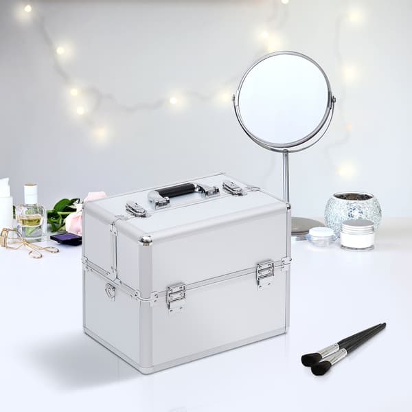 3-lags makeuptaske til kosmetik, sølv, aluminiumslegering, aflåselig, bærbar organizer