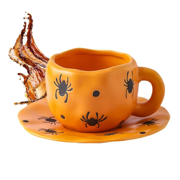 Halloween Kaffemugg 320ml Keramik Spöklik Spindelstil med Fat