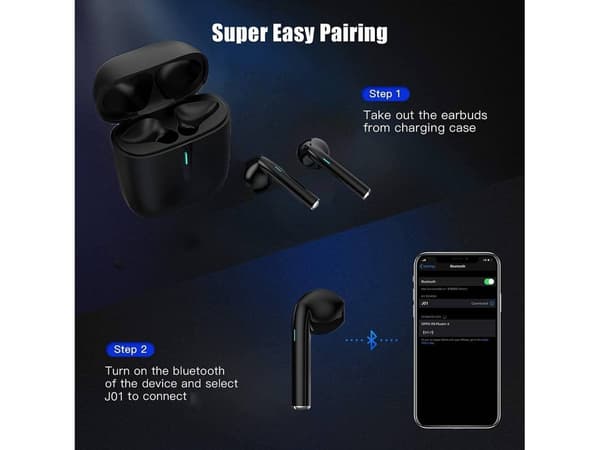 Ægte trådløse Bluetooth-øretelefoner, in-ear-stil med mikrofon, sorte. black