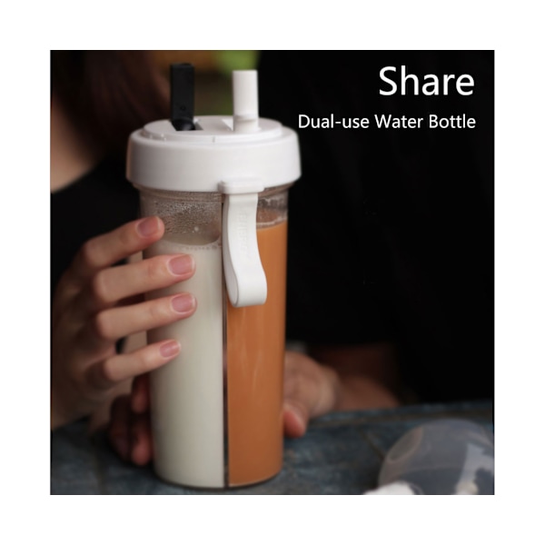 420/600 ml Bärbar Dual Straw Separat Dryck Vatten Dryckesflaska Par Present-Vit