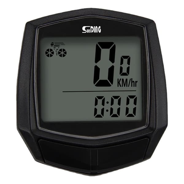 Svart vanntett sykkelcomputer med speedometer og kilometerteller.