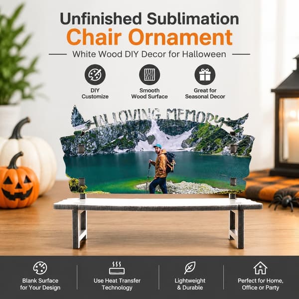 Obehandlad sublimeringsstol-prydnad, vit trä-DIY-dekor för Halloween