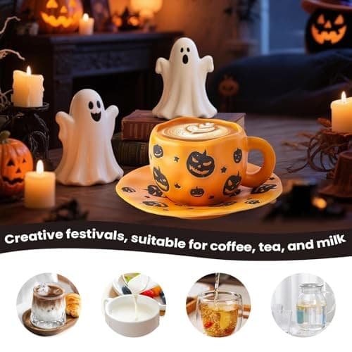 Halloween Keramisk Mugg 320ml med Fat, Pumpastil, Spöklik Kaffekopp