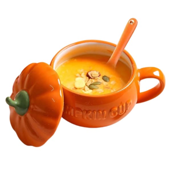 Keramisk pumpamugg med lock och sked, höstkaffekopp, medium, inredning