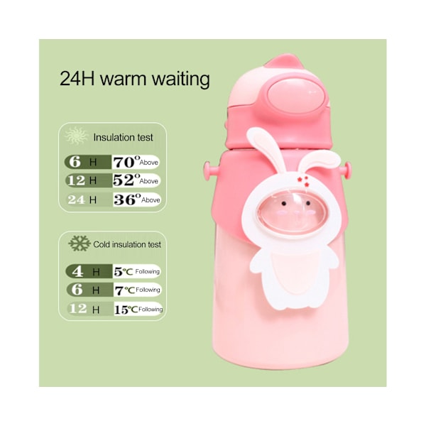 500ML Vuotamaton Termosmuki Irrotettavalla Pillillä Lukittavalla Muotoilulla Sarjakuva Kaksikerroksinen Olkahihnallinen Eristetty Pullo Kouluun - Pinkki 500ML