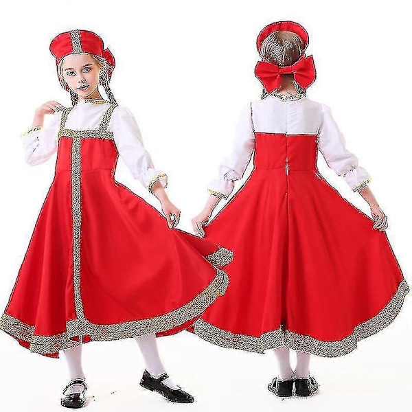 Russisk Danserinde Kostume Rød Sarafan Folkedragt Udklædning Børn/kvinde Russisk Traditionelt Tøj XL  140-150cm