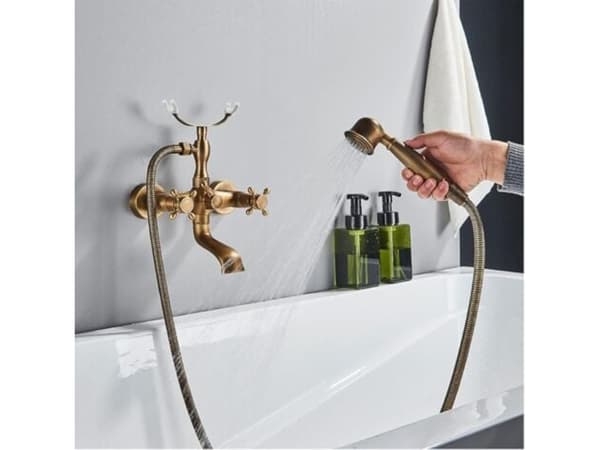 Retro messing badebatteri med dobbelthåndtag, justerbart brusesæt til badekar og håndbruser, varmt og koldt vand